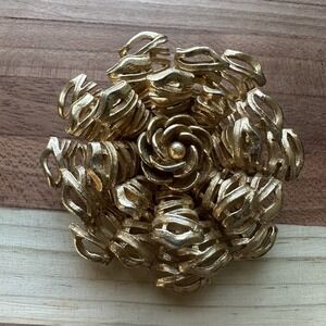 Vintage 1940s-50s Corocraft Flower Brooch Pin 2 Inch Openwork Gold Plated Signed